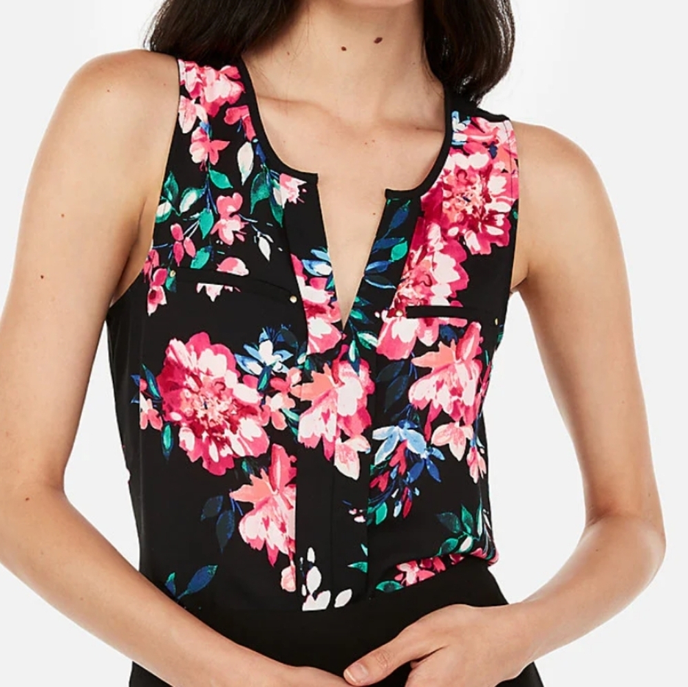 Express Hudson Black Vibrant Floral Tank Blouse Size Medium